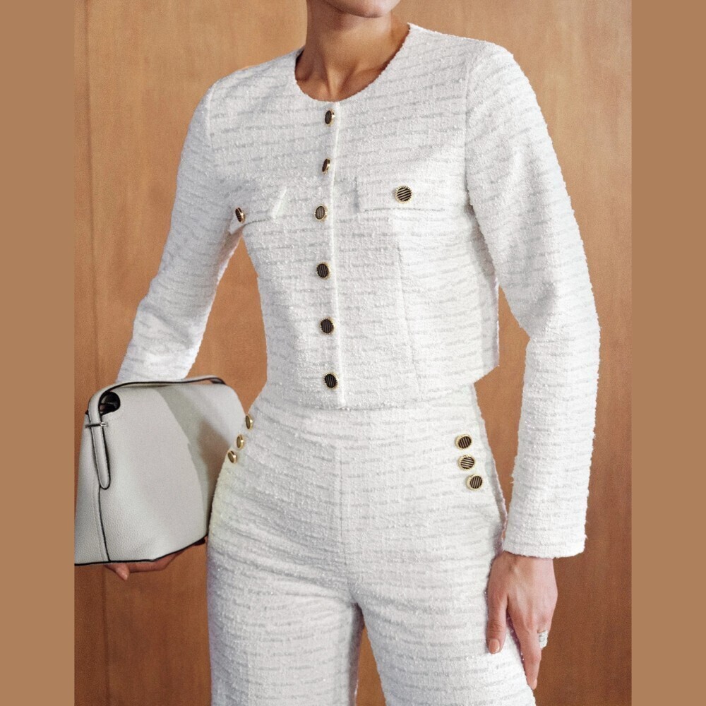 White Tweed Button Front Crop Jacket With Faux Pocket Detail